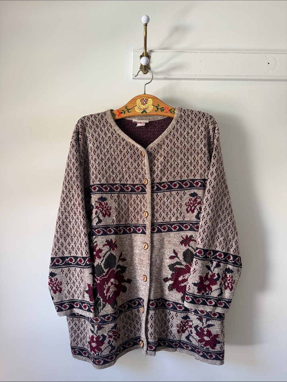 Vintage Grace Karin Floral Knit Cardigan Sweater - Taupe and Burgundy